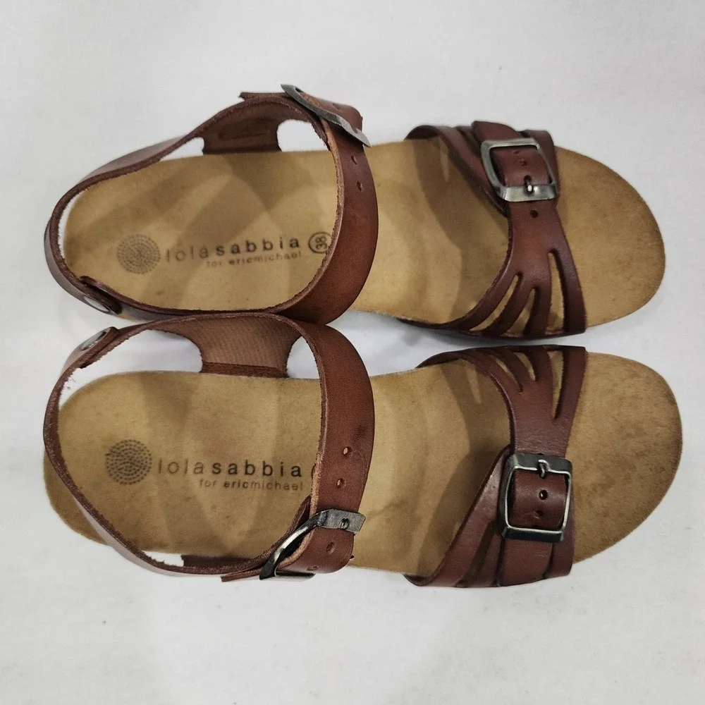 Lola Sabbia Womens Eu 38 Us 7.5 Strappy Brown Leather Buckle Wedge Heel Sandals